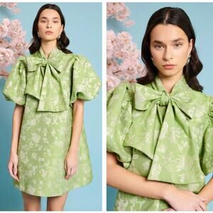 SISTER JANE Laurel Jacquard Bow Mini Dress Green Gold Floral Sz L {3E24}